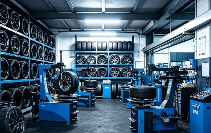 Tire shop with tire racks and alignment equipment