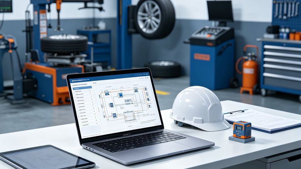 RUEDASOL workshop service desk with diagnostic tools and technical documentation